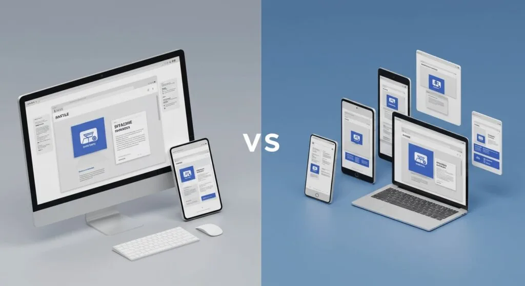 Comparação entre anúncios responsivos e estáticos, mostrando como os anúncios responsivos se adaptam automaticamente a diferentes tamanhos de tela.