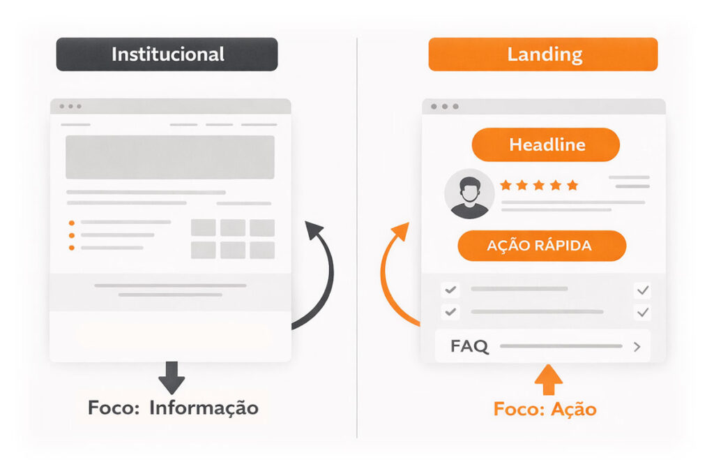Comparativo landing page foca em ação, institucional foca em informação