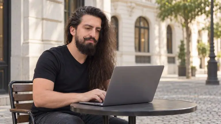 Rafael Chriscolo sentado em um café ao ar livre, revisando um cronograma gerado por IA no laptop.